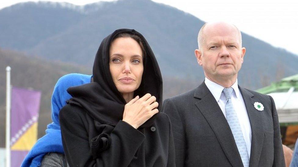 Angelina Jolie and William Hague pay their respects at Srebrenica-Potocari Genocide Memorial cemetery, near Srebrenica, in 2014