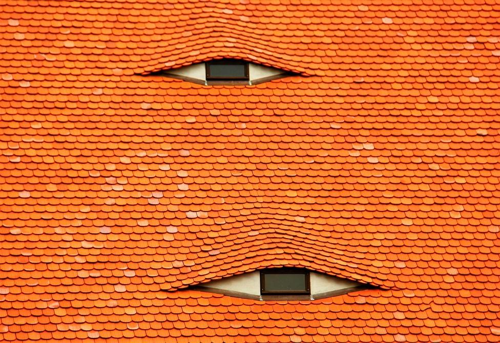 image of a roof which is orange and the windows look like eyes