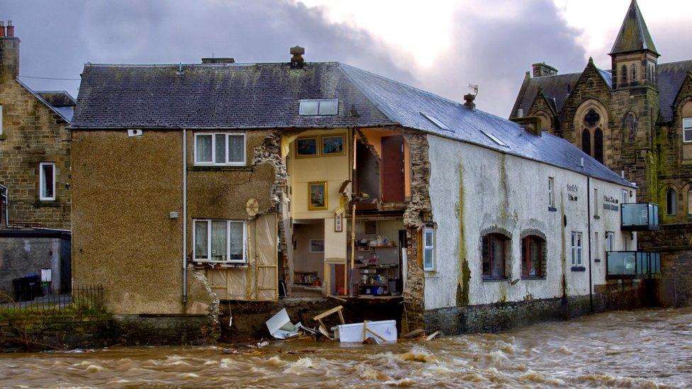 Part of the Bridge House Guest House and Sonia's Bistro in Hawick, Scotland, collapsed into the fast-flowing River Teviot as Storm Ciara battered the UK with high winds and heavy rain, 9 February 2020