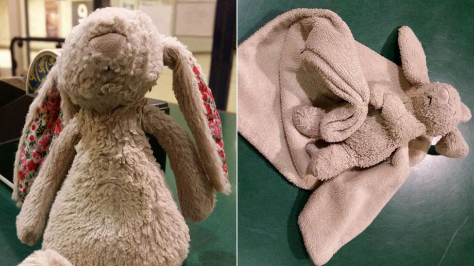 The rabbit soft toys which have been reunited with their owners