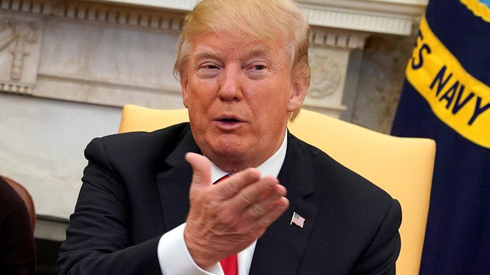 President Donald Trump talks to the media in the Oval Office