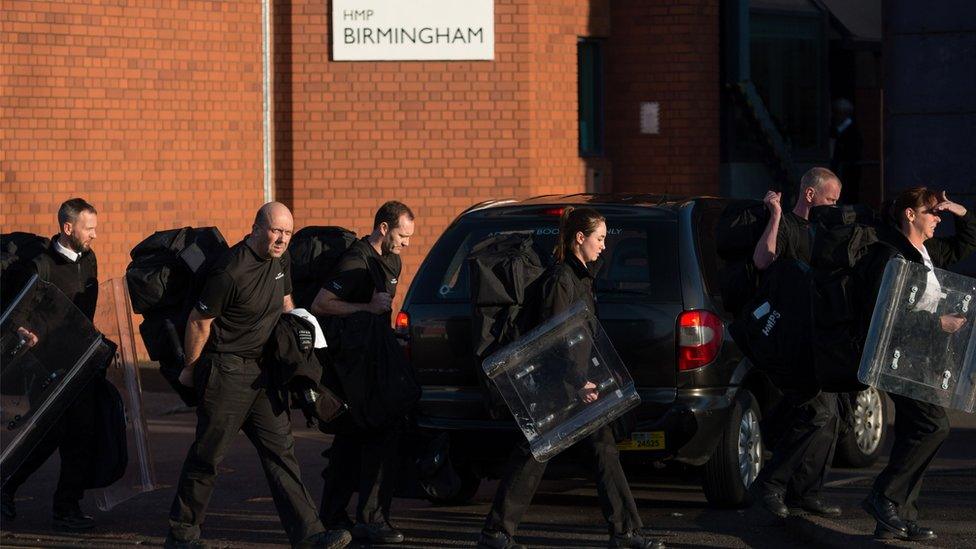 Prison officers with riot shields at Birmingham Prison