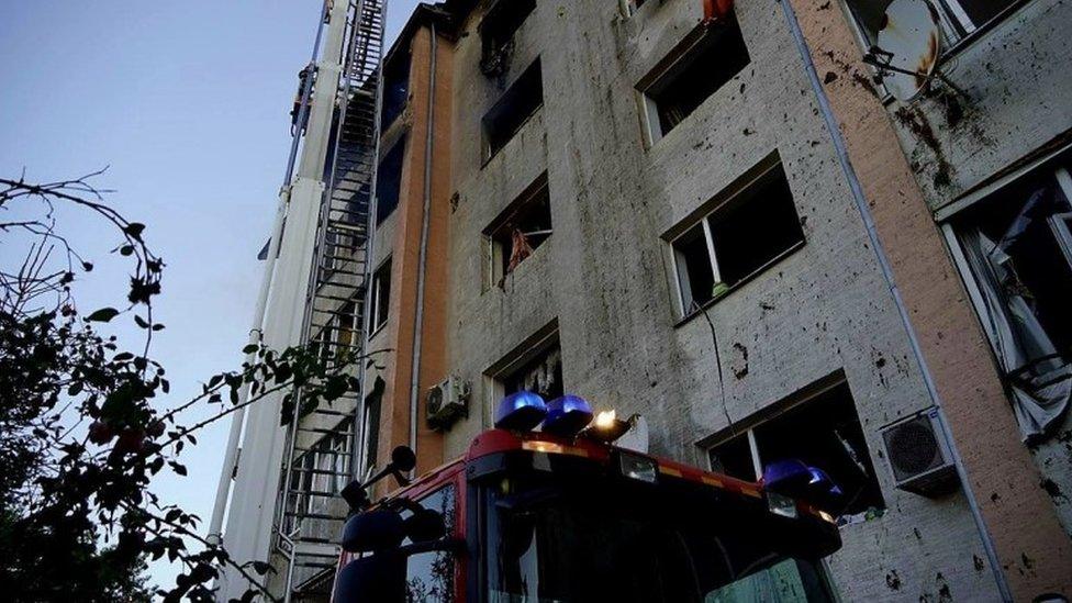 A view shows a building destroyed during a Russian missile strike, amid Russia's attack on Ukraine, in Lviv, Ukraine