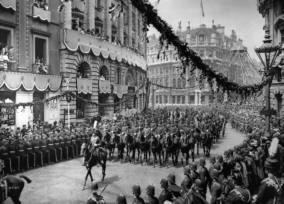 The Royal Horse Artillery ride through the streets of London as part of King George V's Coronation celebrations 1911