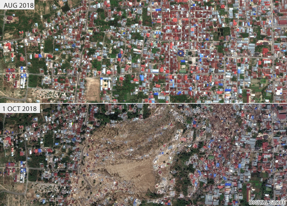 Images showing neighbourhood of Balaroa before and after mud inundation