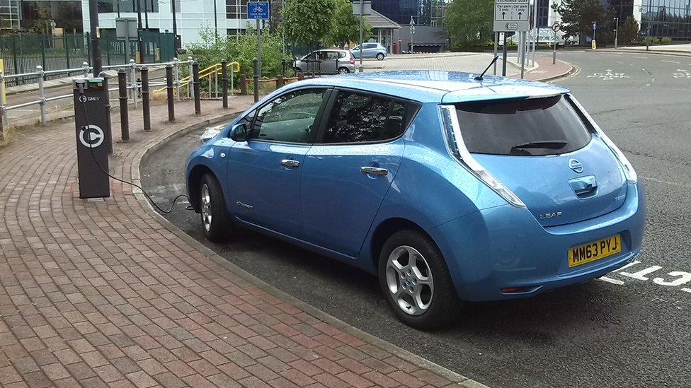 Electric car at a charging station in London