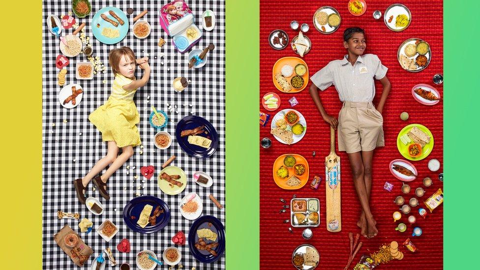 two photos of kids surrounded by food