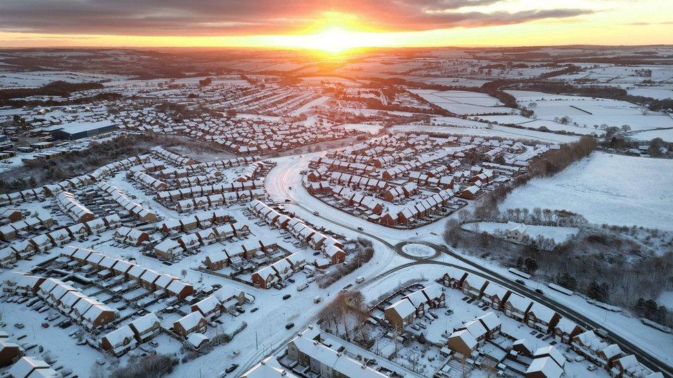 Snow covers the town of Consett in County Durham