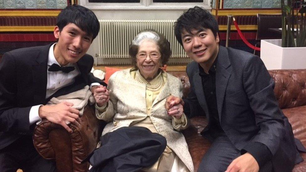 Dame Fanny Waterman with Eric Lu (left) and Lang Lang