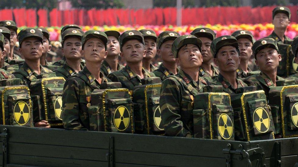 North Korean soldiers with symbols of nuclear power