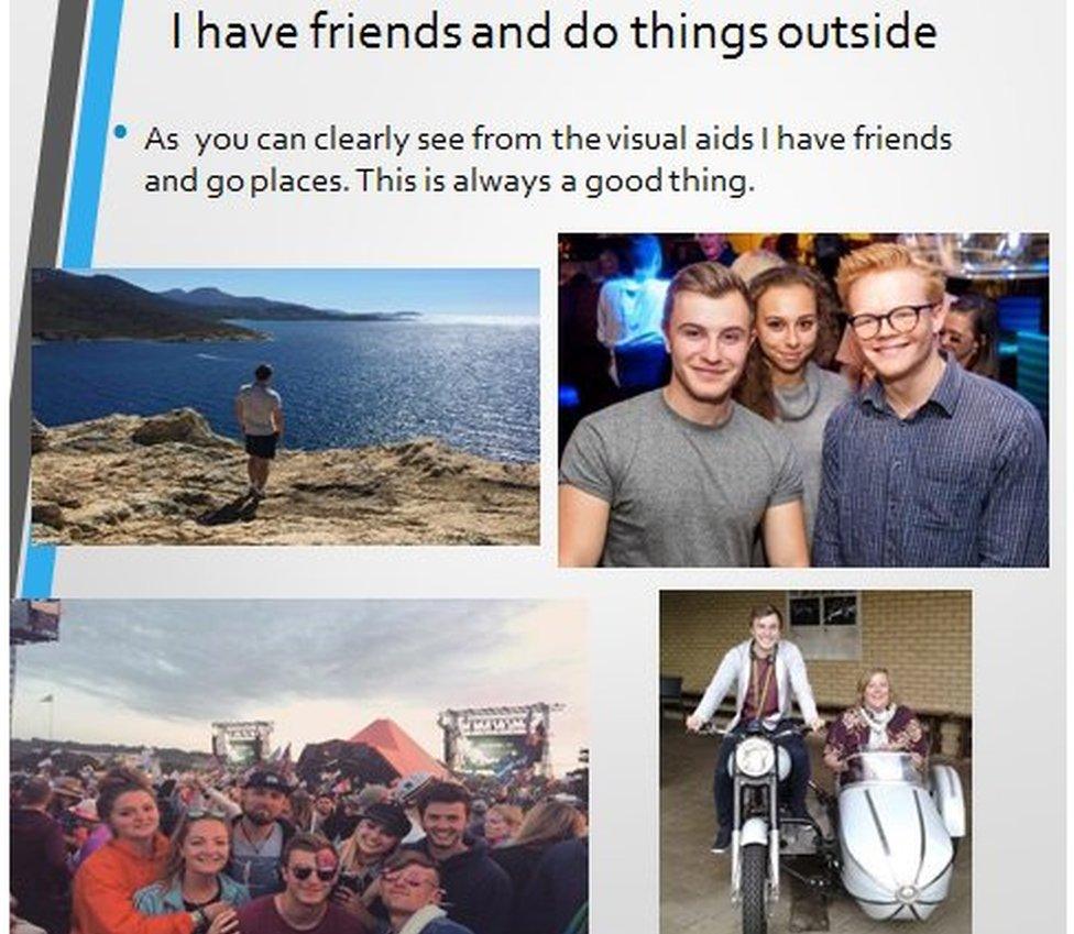 Photos of Sam with friends, and a caption saying, "I have friends and do things outside"