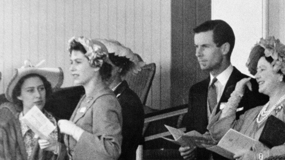 Princess Margaret, Princess Elizabeth, Peter Townsend and Queen Elizabeth at Ascot 1951. Pic: Getty Images