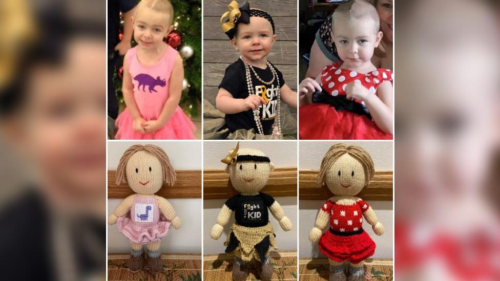 Three photos of Ellie and the doll versions of her