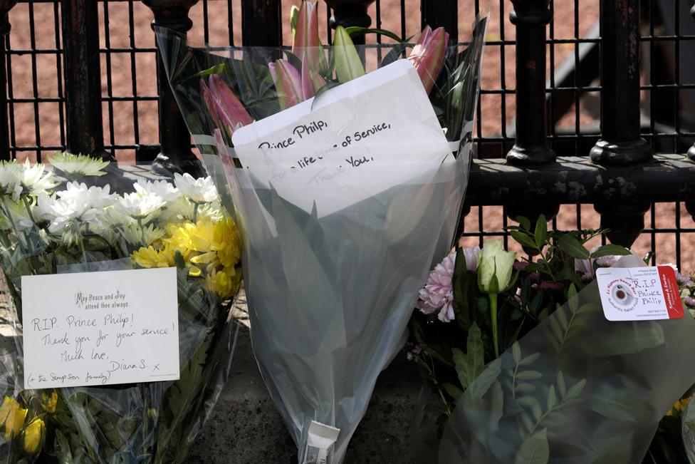 Floral tributes are seen at Buckingham Palace