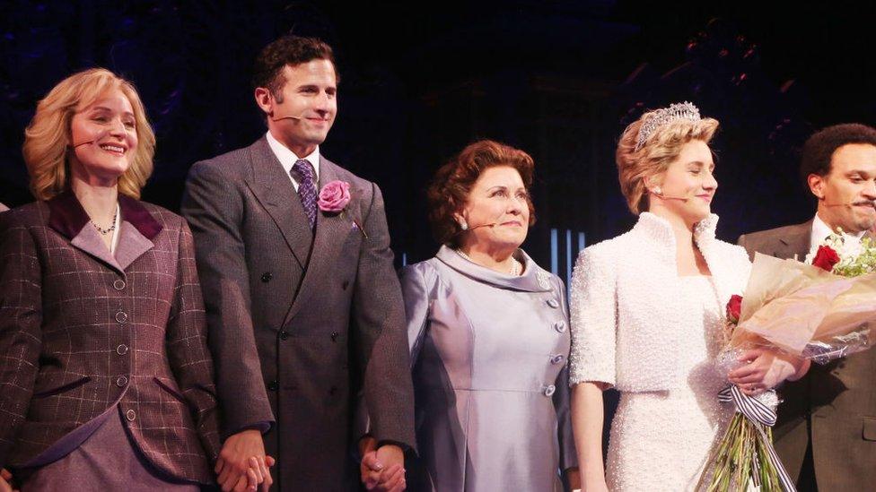 Left to right: Erin Davie as "Camilla Parker Bowles", Roe Hartrampf as "Prince Charles" Judy Kaye as "Queen Elizabeth II" and Jeanna de Waal as "Princess Diana" during the first preview performance curtain call of Diana: The Musical on Broadway at The Longacre Theatre on November 2, 2021 in New York