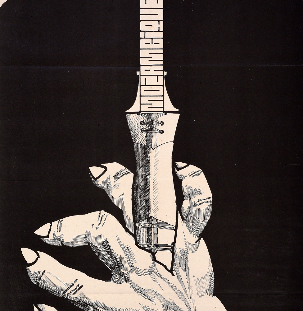 An Ospaaal poster called Day of World Solidarity with the Struggle of the People of Mozambique, 1973, showing a dagger being pushed into a hand