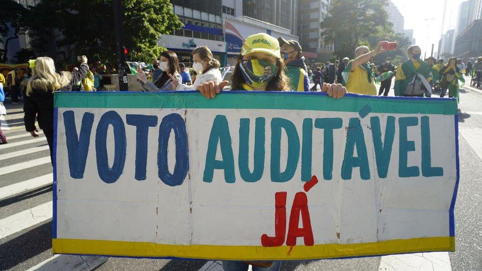 Demonstrators take part in a rally in support of Brazilian President Jair Bolsonaro and calling for a printed vote model at Paulista Avenue in Sao Paulo, Brazil on August 1, 2021