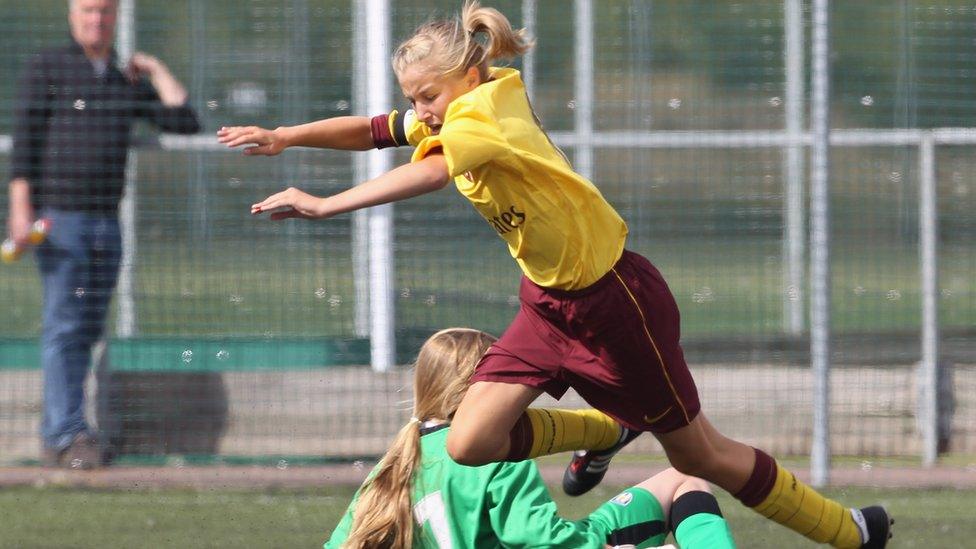 Leah Williamson gets brought down for a penalty against Colchester United Under 14 Team event during the Arsenal Ladies Cup 2010