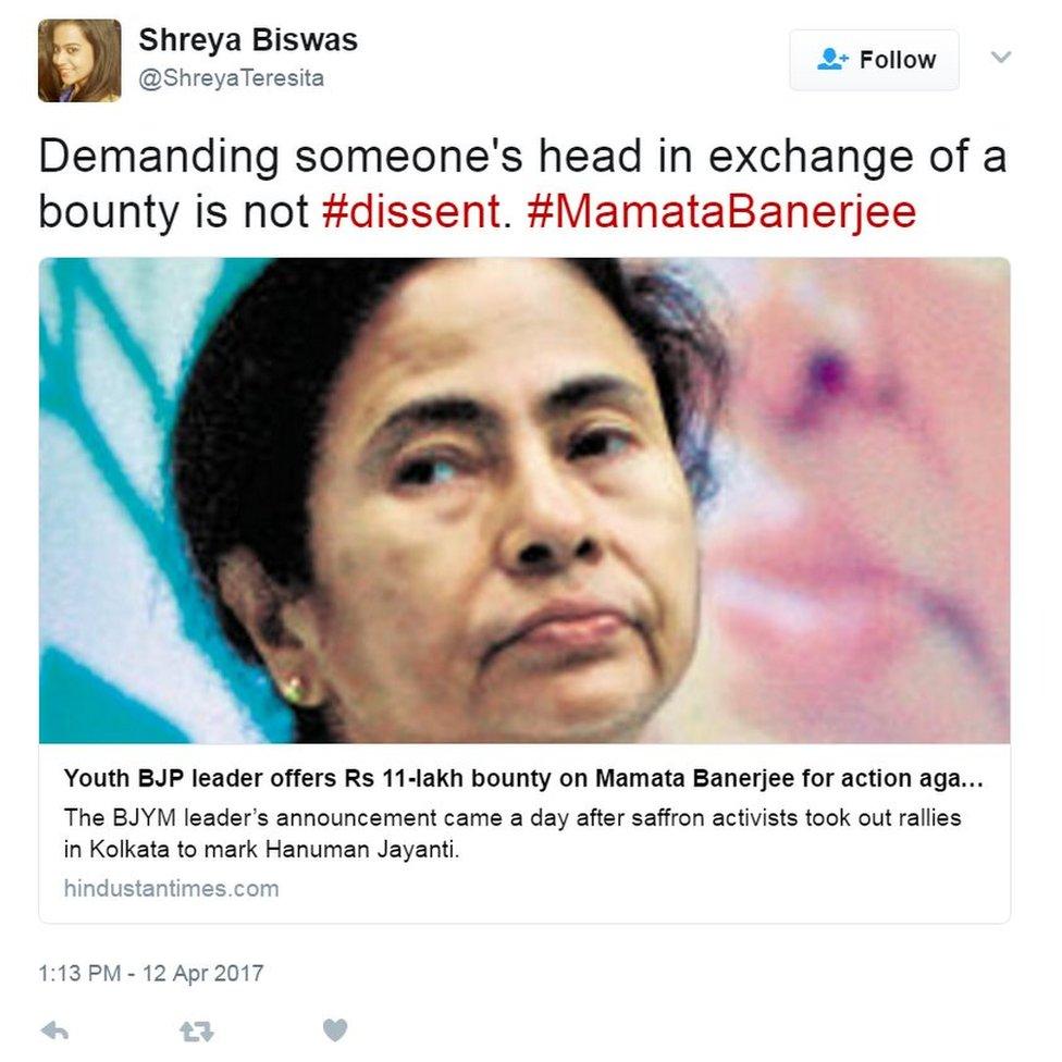 Demanding someone's head in exchange of a bounty is not #dissent. #MamataBanerjee