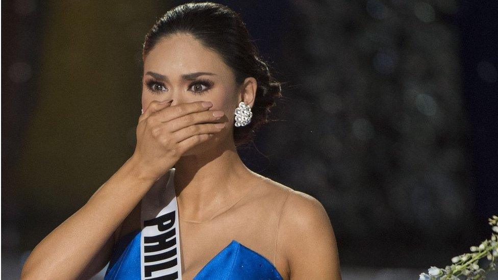 Miss Philippines Pia Alonzo Wurtzbach reacts to the announcement establishing her as Miss Universe 2015