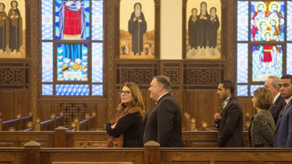 US Secretary of State Mike Pompeo (C) and his wife Susan (C-L) visit the newly inaugurated Cathedral of the Nativity Christ