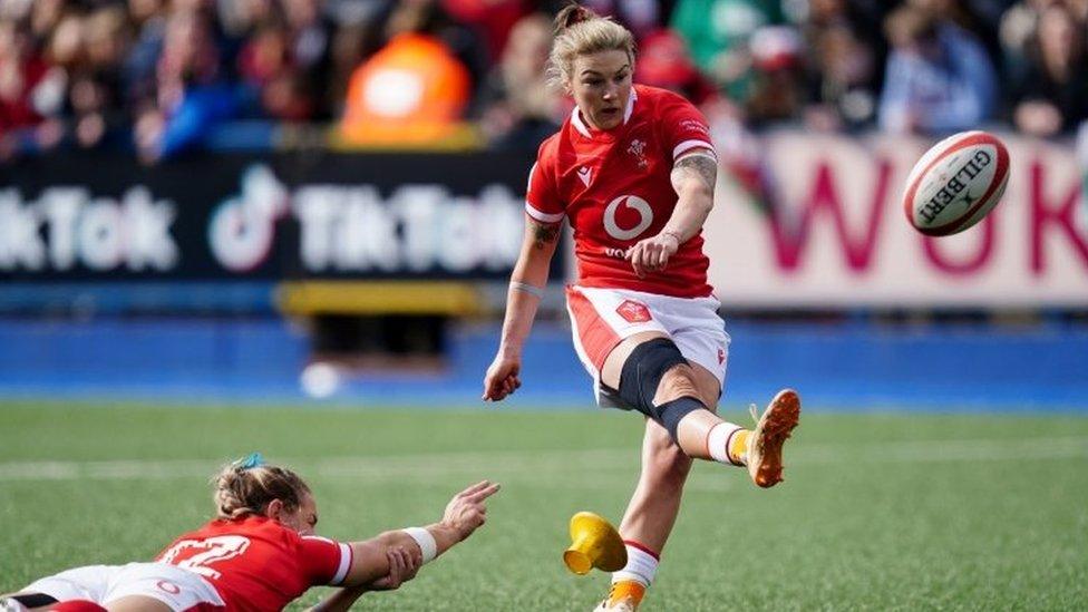 Wales Keira Bevan kicking a conversion