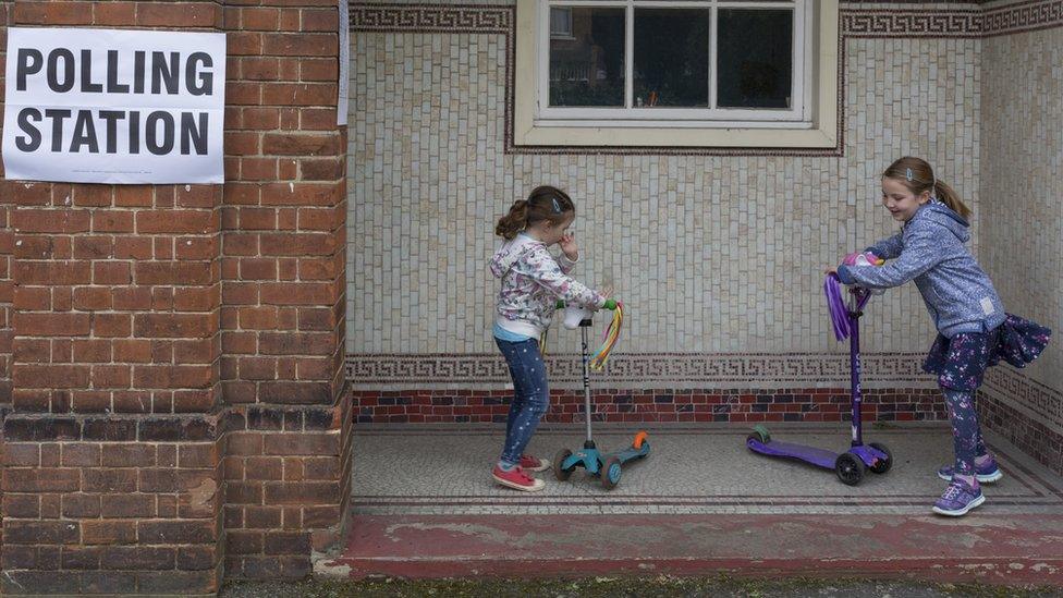 Children playing outside a polling station