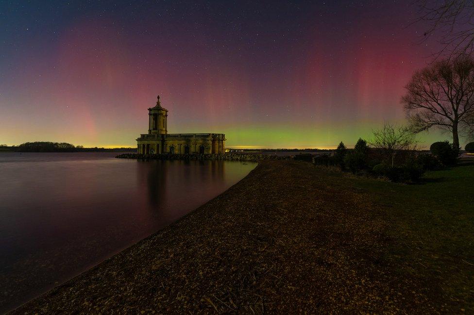 Aurora borealis over Normanton Church at Rutland Water