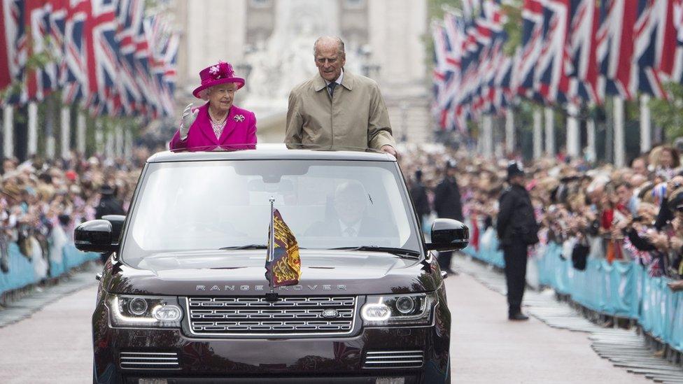 The Queen and Prince Philip on The Mall in London