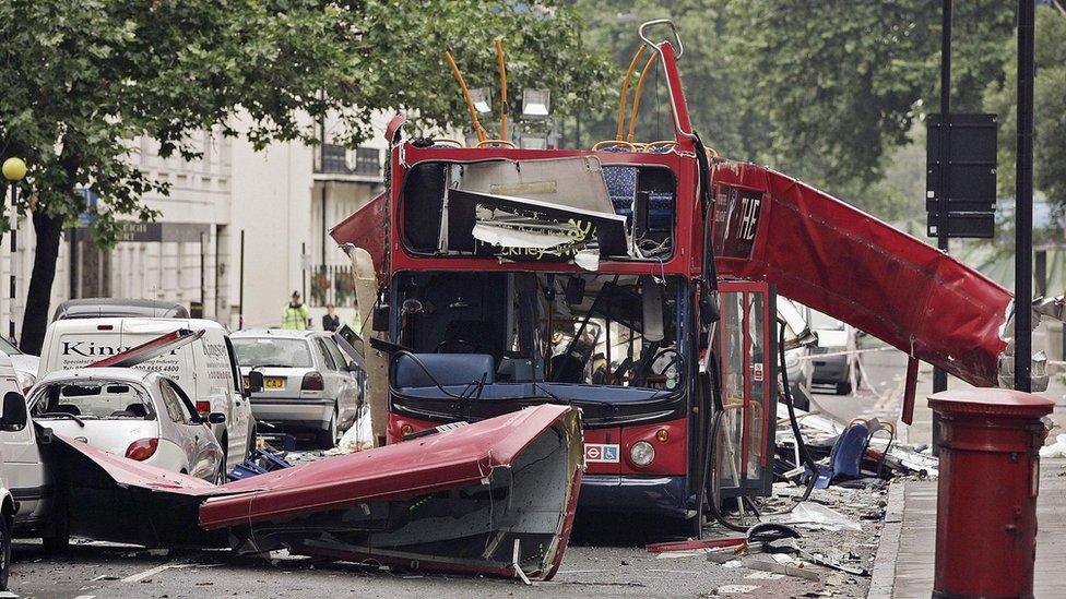 The wreck of a bus destroyed by a bomb stands in Tavistock Square in central London (8 July 2005)