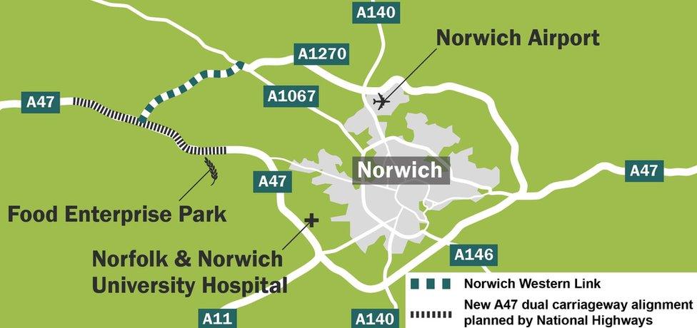 Map showing proposed route of the Norwich Western Link road