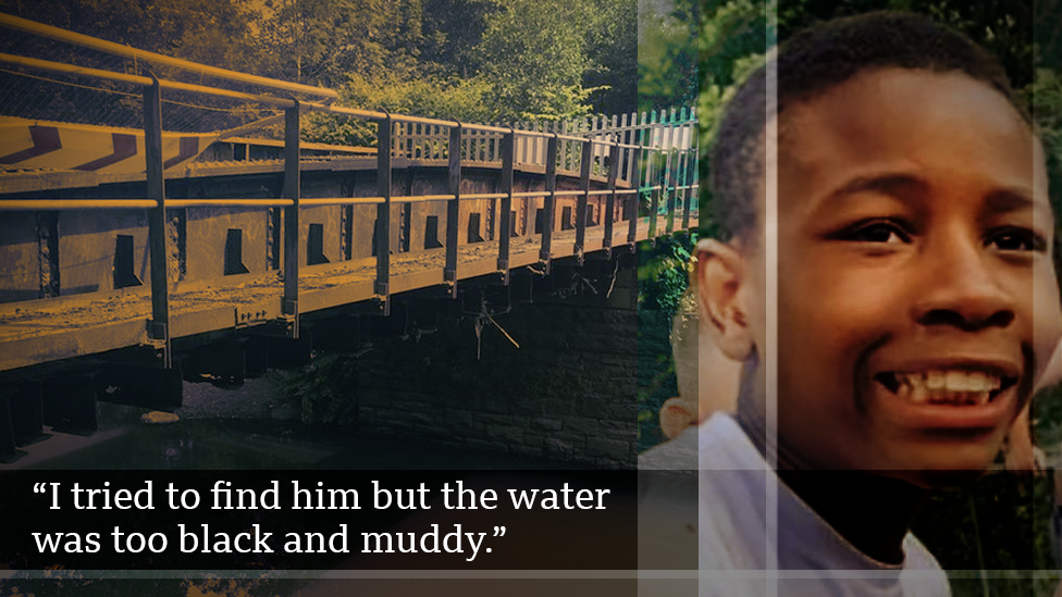 The bridge over the River Cynon, where Christopher Kapessa entered the water, alongside a photo of Christopher and the quote 'I tried to find him but the water was too black and muddy".