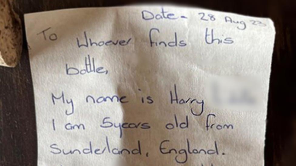 Harry's message reads: "To whoever finds this bottle, my name is Harry, I am five years old from Sunderland, England