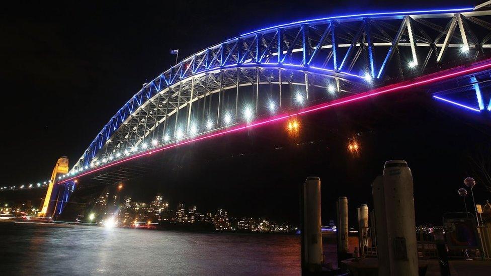 Sydney Harbour Bridge illuminated with coloured lights