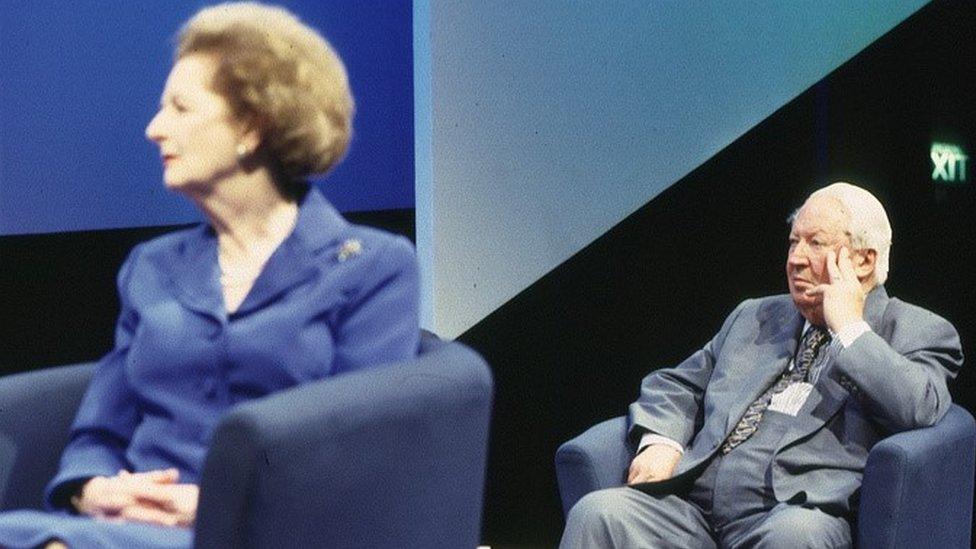 Ted Heath and Margaret Thatcher at the 1998 Conservative conference