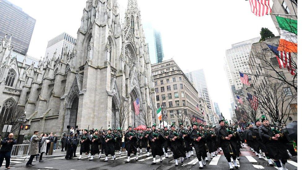 Pipers formed part of the 2022 parade in New York, passing St Patrick's Cathedral in Manhattan