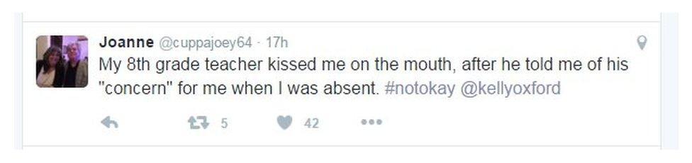 Tweet reads: My 8th grade teacher kissed me on the mouth, after he told me of his 'concern' for me when I was absent