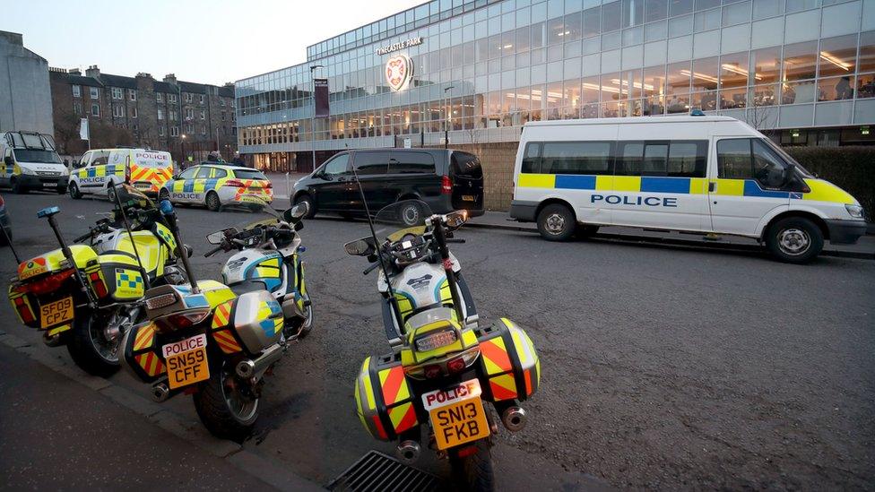 Police outside the stadium before the match between Heart of Midlothian and Celtic at Tynecastle Park, Edinburgh.