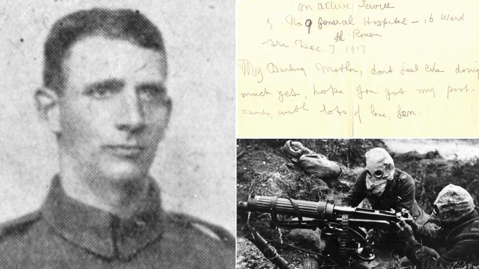 Leonard Beechey with a picture of soldiers in gas masks on the Somme and his final letter home