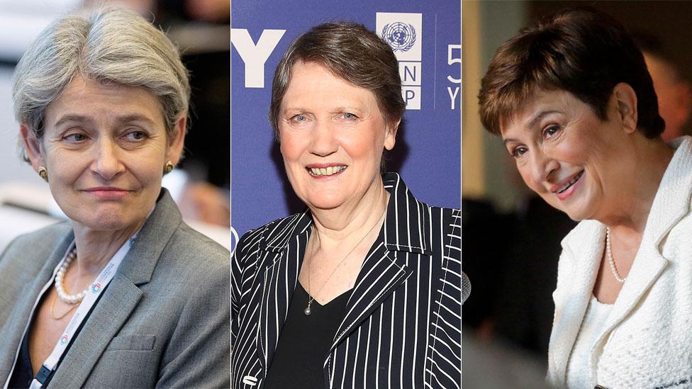 Candidates Irina Bokova (l), director general of Unesco; Helen Clark(c), former New Zealand prime minister; Kristalina Georgieva (r), European commissioner for budget and human resources