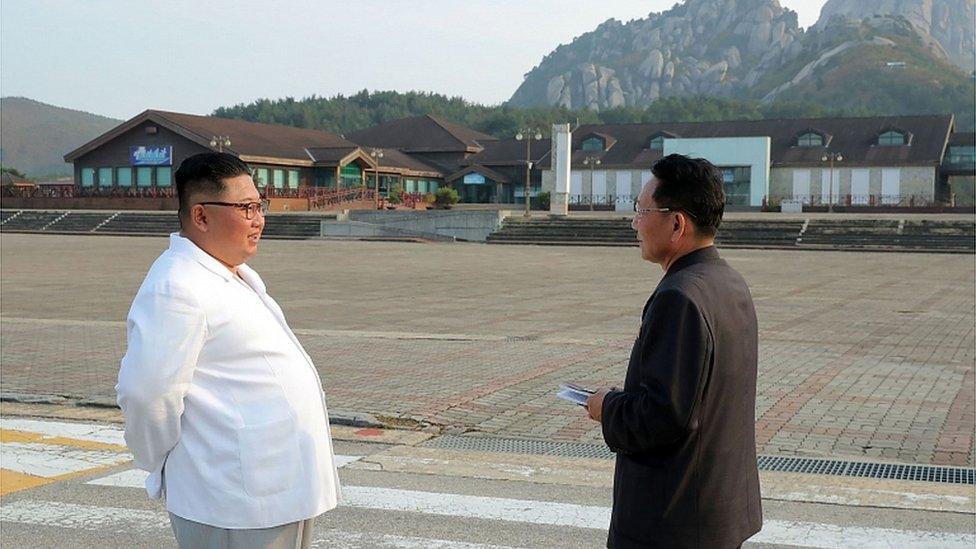 Undated picture from North Korea's official Korean Central News Agency on 23 Oct 2019 shows leader Kim Jong-un inspecting the Mount Kumgang tourist area