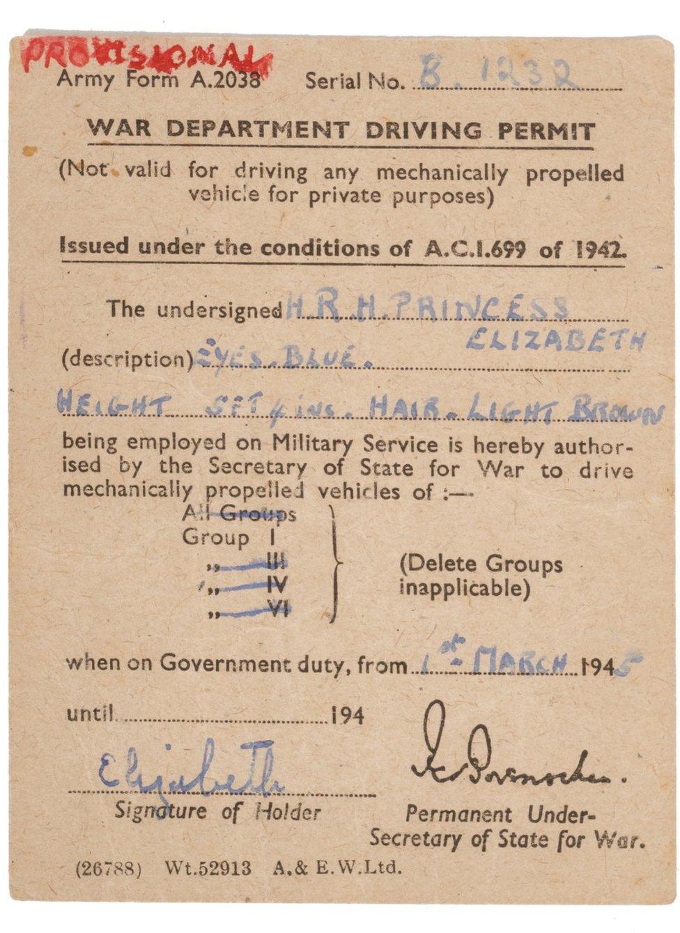 Queen Elizabeth II's provisional driving licence in the Auxiliary Territorial Service