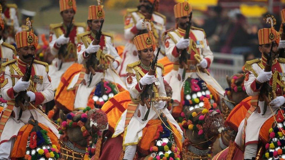 The Border Security Force (BSF) camel contingent march during India's 74th Republic Day parade in New Delhi on January 26, 2023.