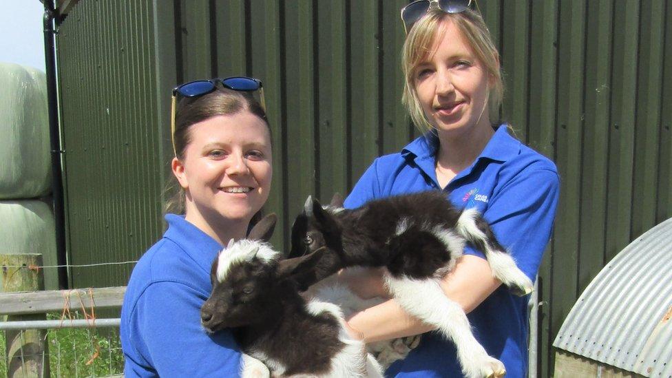 Animal Care Technician Sian Bobbett and Animal Practitioner and lecturer Hayley Burkey with two Bagot kids