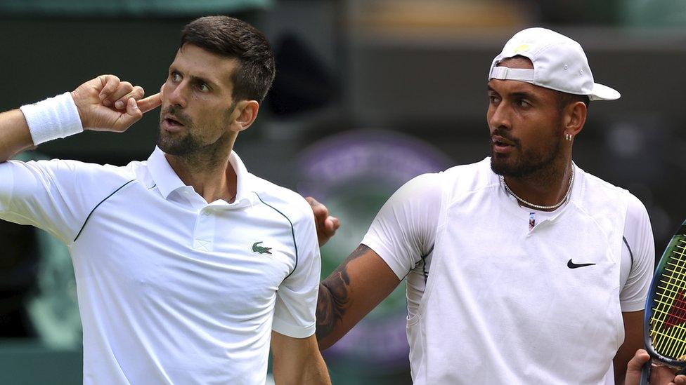 still that blends two photographs of the wimbledon men's finalists - novak djokovic and nick kyrgios