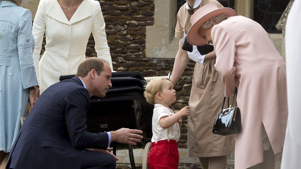 Prince George and the Queen at Princess Charlotte's christening