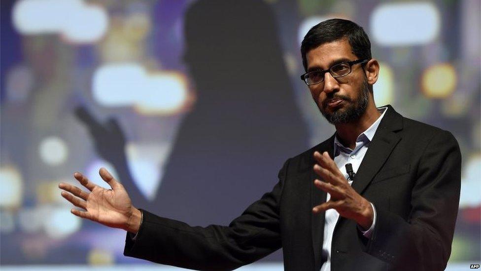 File picture taken March 2, 2015 shows Google"s Senior Vice President Sundar Pichai giving a keynote address during the opening day of the 2015 Mobile World Congress (MWC) in Barcelona, Spain