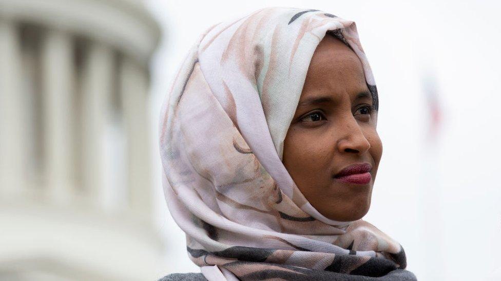 Ms Omar speaks at a news conference in Washington DC in June