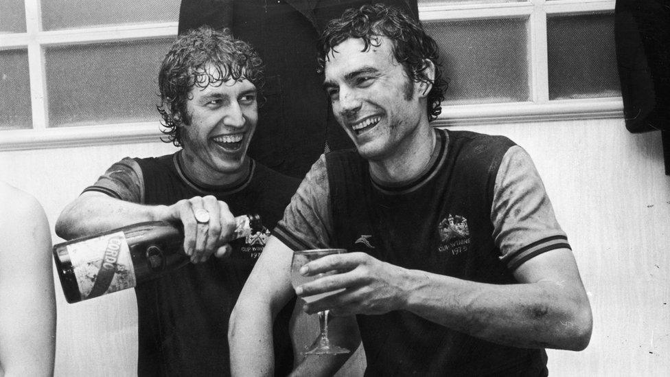 West Ham footballers Pat Holland and Trevor Brooking