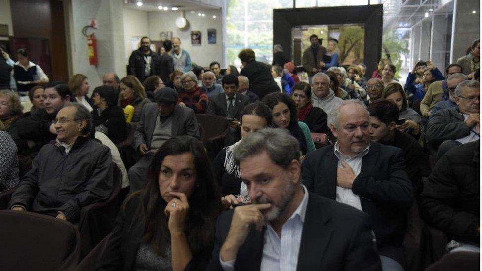 Relatives and victims of Argentine and Paraguayan militar dictatorships hear the sentence of Argentina"s court in the trial on Operation Condor, at the Argentina"s embassy in Asuncion on 27 May 2016